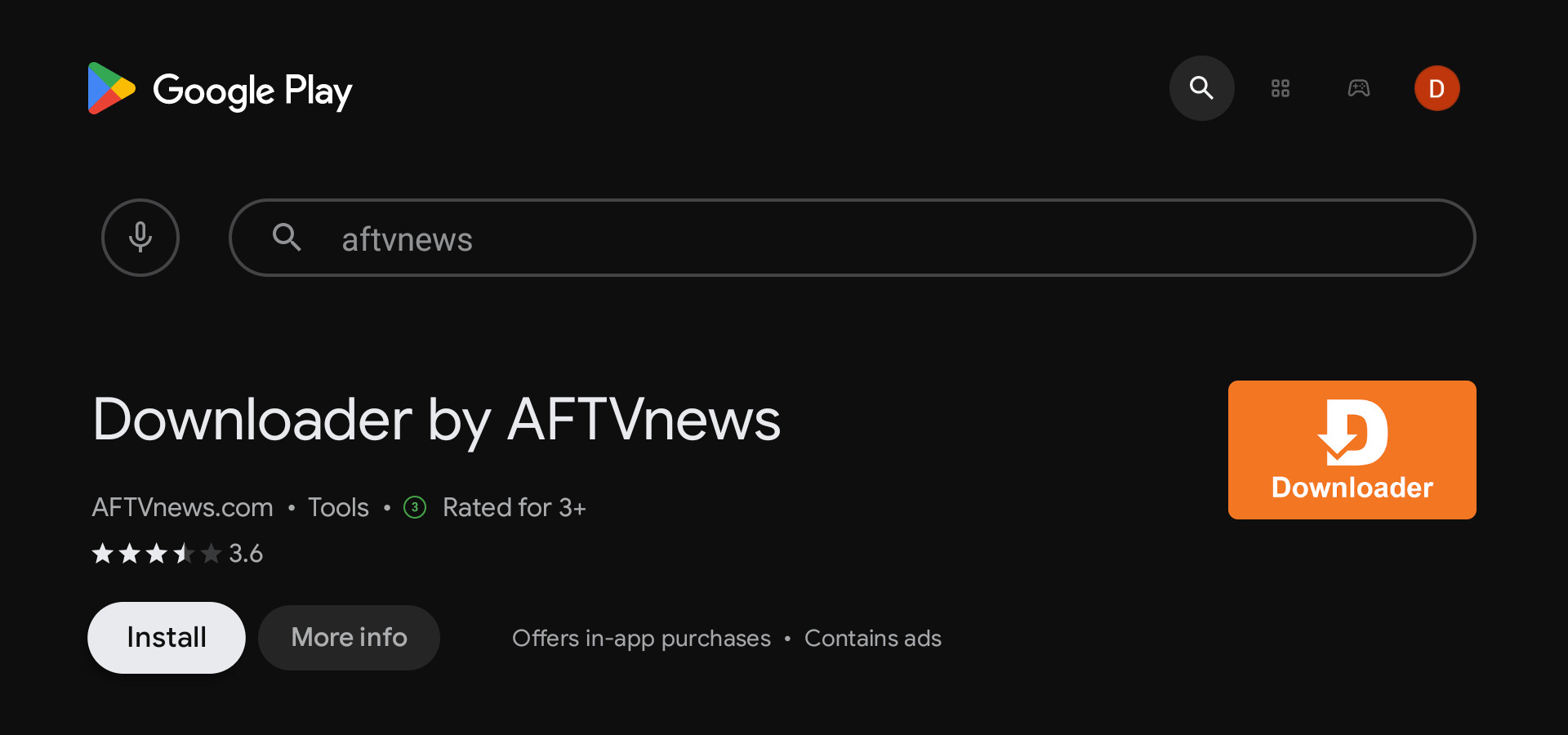 Busca do aplicativo Downloader by AFTVnews na Google Play da TV